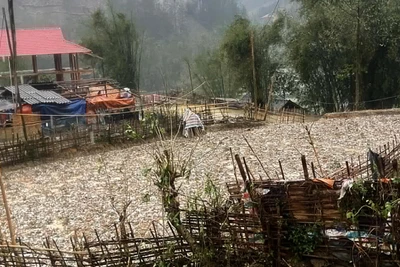 Mưa đá kéo dài khoảng 30 phút tại bản Nà Lầu, xã Mường É, huyện Thuận Châu, Sơn La. (Ảnh: TÙNG LÂM)