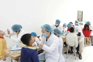 Các bác sĩ thăm khám sức khỏe răng miệng cho học sinh.