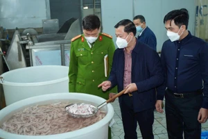 Đoàn kiểm tra liên ngành an toàn thực phẩm của thành phố Hà Nội kiểm tra điều kiện thực tế tại một công ty sản xuất chế biến thực phẩm đóng trên địa bàn Hà Nội. (Ảnh: THU TRANG)