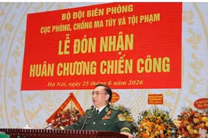Thiếu tướng Đỗ Ngọc Cảnh, Cục trưởng Cục Phòng, chống ma túy và tội phạm phát biểu tại Lễ đón nhận Huân chương Chiến công.