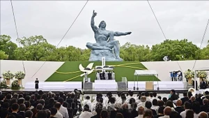 Quang cảnh lễ tưởng niệm 80 năm ngày Mỹ ném bom nguyên tử xuống thành phố Nagasaki, Nhật Bản, ngày 9/8/2024. (Ảnh: TTXVN)