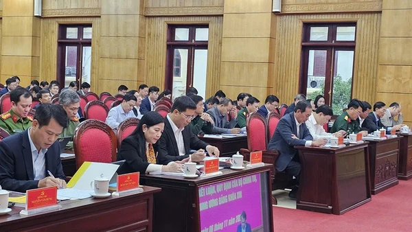 Các đại biểu tham dự hội nghị tại điểm cầu Tỉnh ủy Thanh Hóa.