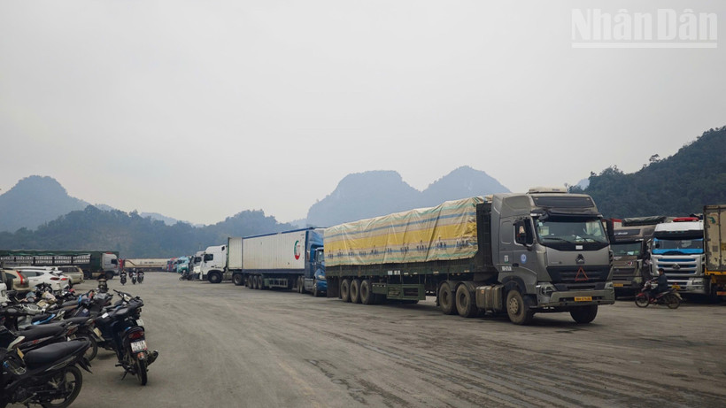 Các phương tiện chờ xuất khẩu hàng hóa tại bến bãi khu vực cửa khẩu Tân Thanh.