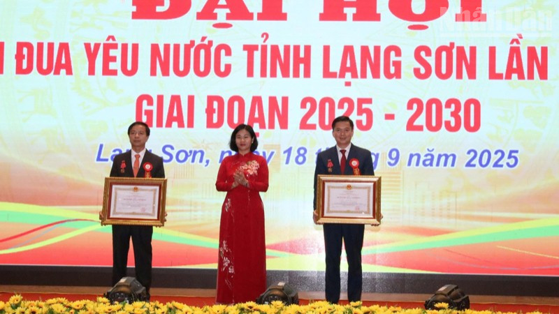 Đồng chí Nguyễn Thị Tuyến trao tặng Huân chương Lao động hạng Nhì cho các cá nhân.