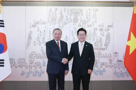 Tổng Bí thư Tô Lâm và Tổng thống Hàn Quốc Lee Jae Myung chụp ảnh chung. (Ảnh: Thống Nhất/TTXVN)