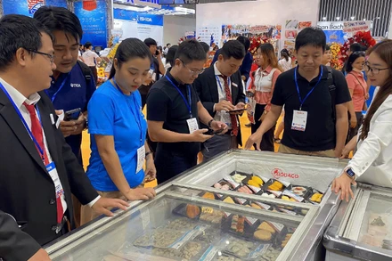 Gian hàng giới thiệu sản phẩm thủy sản của Công ty cổ phần Gò Đàng tại Hội chợ Vietfish 2025. (Ảnh: HOÀNG YẾN)