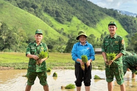 Đoàn Thanh niên Đồn Biên phòng Na Ngoi cùng Đoàn xã Na Ngoi và Chi đoàn Đoàn Kinh tế-Quốc phòng 4 giúp người dân bản Tổng Khư, xã Na Ngoi, huyện Kỳ Sơn cấy lúa vụ hè thu.