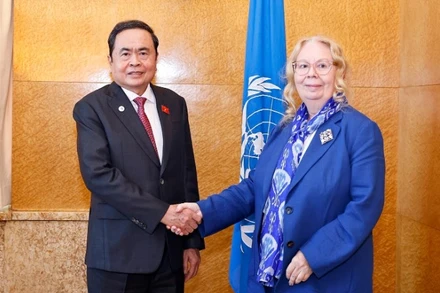 Chủ tịch Quốc hội Trần Thanh Mẫn gặp Tổng Giám đốc Văn phòng Liên hợp quốc tại Geneva Tatiana Valovaya. (Ảnh: Doãn Tấn/TTXVN)
