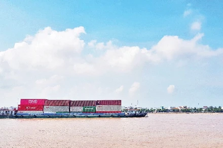 Tàu chở container trên sông Tiền. (Ảnh: ANH QUÂN)