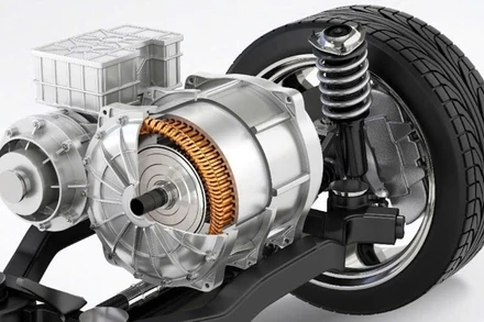 Minh họa truyền động mô-tơ điện và hộp giảm tốc 1 cấp, độc lập và trực tiếp tới bánh xe.