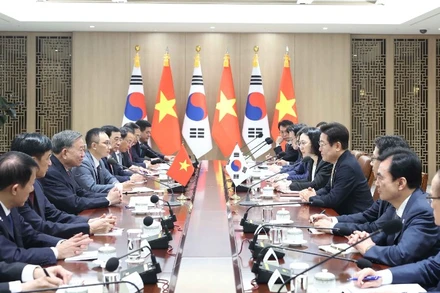 Tổng Bí thư Tô Lâm hội đàm với Tổng thống Hàn Quốc Lee Jae Myung. (Ảnh: Thống Nhất/TTXVN)