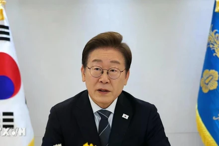 Tổng thống Hàn Quốc Lee Jae Myung phát biểu tại cuộc họp ở Seoul. (Ảnh: Yonhap/TTXVN) 