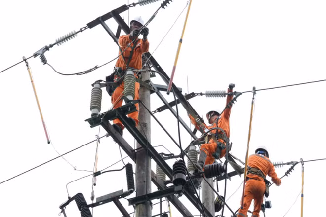 Người lao động được trang bị đầy đủ dụng cụ an toàn khi làm việc trên cao.