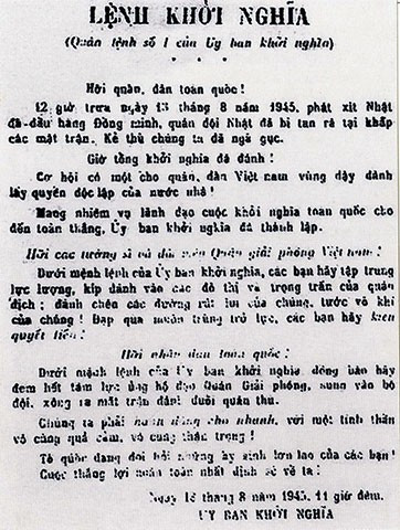 Quân lệnh số 1 của Ủy ban Khởi nghĩa toàn quốc, ngày 13/8/1945. (Ảnh tư liệu của Bảo tàng Lịch sử quốc gia) quan-lenh-so-1-15-00-43-57620-10-44-23.jpg