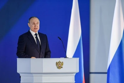 Tổng thống Nga Vladimir Putin phát biểu tại thủ đô Moskva. (Ảnh: THX/TTXVN)