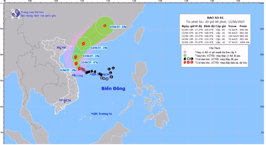Bản đồ dự báo quỹ đạo và cường độ bão số 1 lúc 20 giờ ngày 12/6/2025.