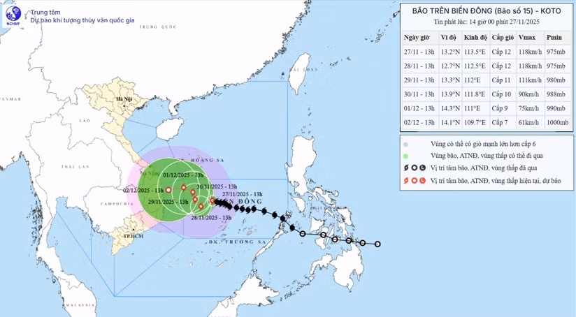 Bản đồ dự báo quỹ đạo và cường độ bão số 15 phát lúc 14 giờ ngày 27/11.
