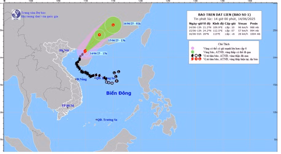 Bản đồ dự báo quỹ đạo và cường độ bão số 1 lúc 14 giờ ngày 14/6/2025.