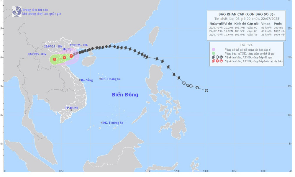 Bản đồ do Trung tâm Dự báo khí tượng thủy văn quốc gia dự báo quỹ đạo và cường độ bão số 3 phát lúc 8 giờ ngày 22/7.