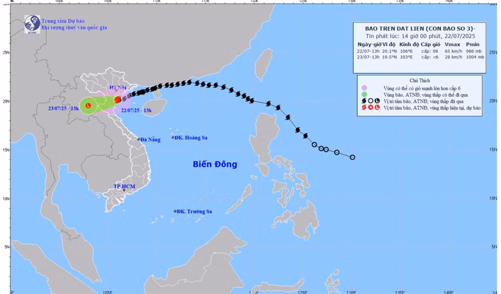 Bản đồ dự báo quỹ đạo và cường độ bão số 3 phát lúc 14 giờ ngày 22/7.