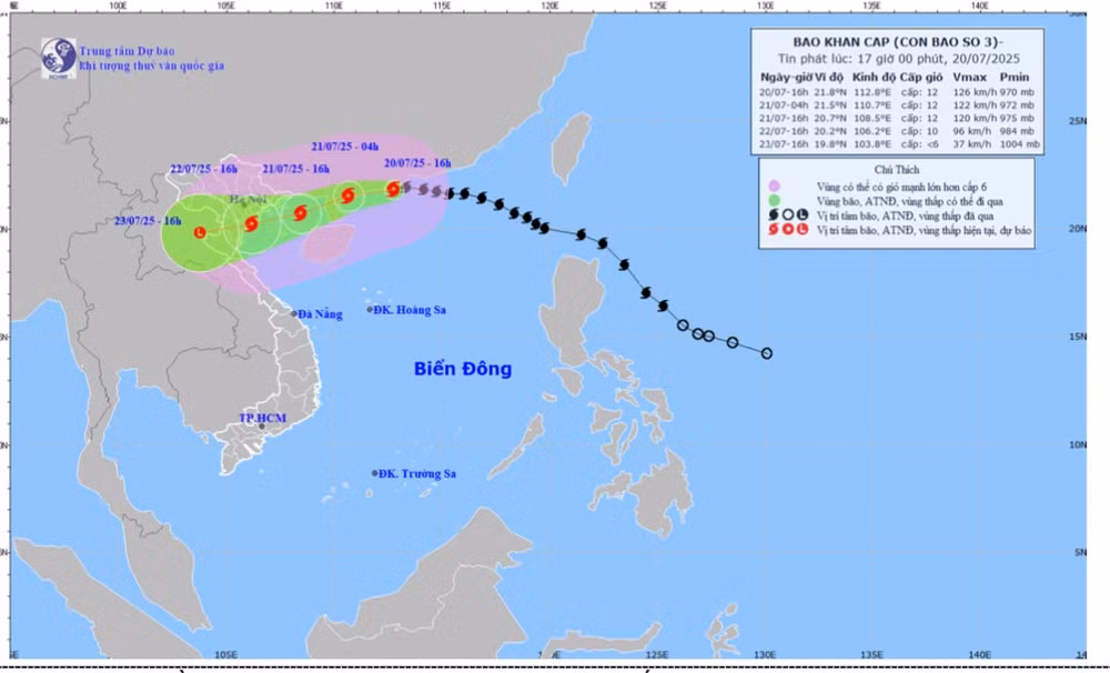 Bản đồ dự báo quỹ đạo và cường độ bão số 3 phát lúc 17 giờ ngày 20/7.