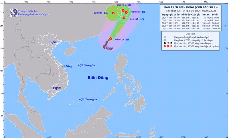  Bản đồ dự báo quỹ đạo và cường độ bão lúc 14 giờ ngày 6/7.