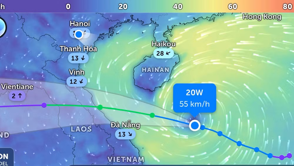 Vị trí áp thấp nhiệt đới lúc 14 giờ 50 phút. (Ảnh: Zoom Earth).