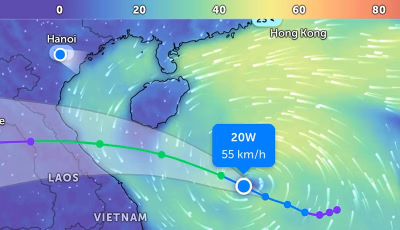 Vị trí áp thấp nhiệt đới lúc 6 giờ 55 phút. (Ảnh: Zoom Earth).
