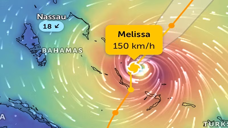 Vị trí bão Melissa lúc 7 giờ 40 phút sáng 30/10. (Ảnh Zoom Earth)