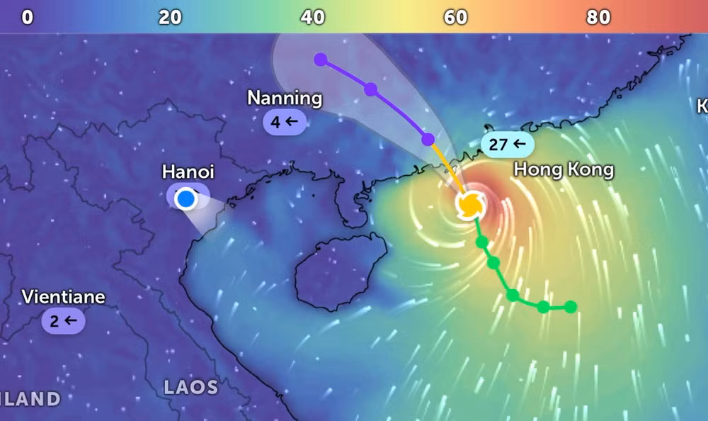 Đường đi của bão số 7 lúc 6 giờ 40 phút. (Ảnh: Zoom Earth).