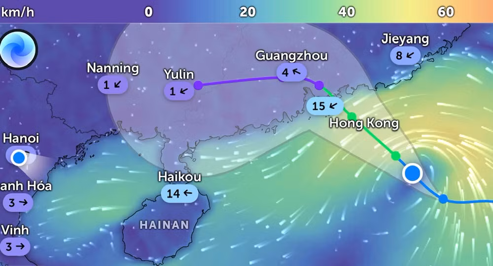 Đường đi của bão số 8 lúc 20 giờ 30 phút. (Ảnh: Zoom Earth)
