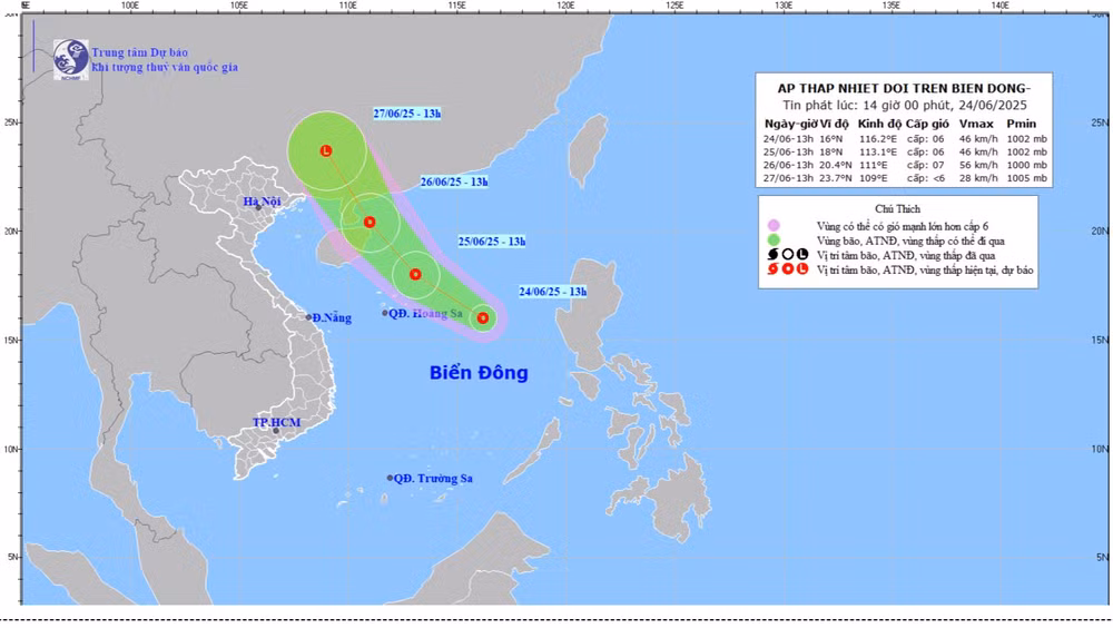 Bản đồ dự báo quỹ đạo và cường độ áp thấp nhiệt đới lúc 14 giờ ngày 24/6.