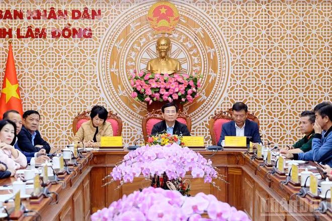 Lãnh đạo tỉnh và sở, ngành địa phương dự họp về tình hình khắc phục thiên tai và triển khai công tác ứng phó bão số 15 tại điểm cầu Lâm Đồng.
