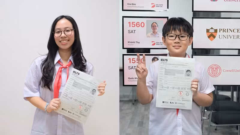 Từ phải qua: Trần Đình Hoàng Phúc, cậu bé giành 8.0 IELTS khi mới 10 tuổi; Nguyễn Ngọc Linh Đan, nữ sinh lớp 8 với thành tích 8.5 IELTS.