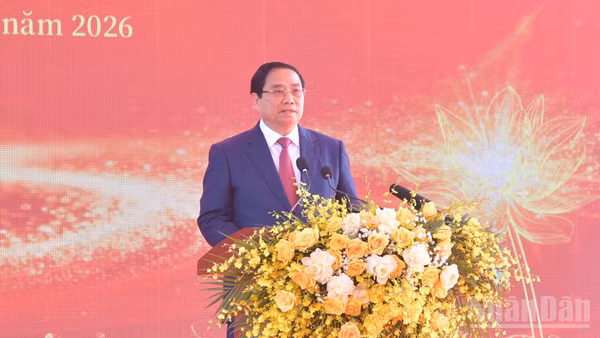 Thủ tướng Phạm Minh Chính phát biểu ý kiến tại Lễ kỷ niệm 120 năm Ngày sinh Thủ tướng Phạm Văn Đồng. (Ảnh: Thanh Giang)