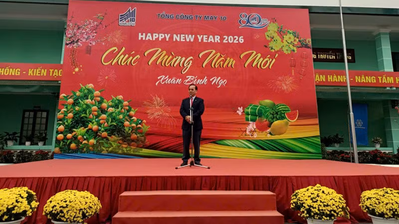 Chủ tịch Hiệp hội Dệt may Việt Nam (Vitas), Chủ tịch Hội đồng quản trị May 10 Vũ Đức Giang phát biểu ý kiến tại buổi lễ.