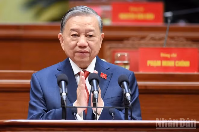 Tổng Bí thư Tô Lâm phát biểu tại phiên bế mạc Đại hội XIV. (Ảnh: THỦY NGUYÊN)