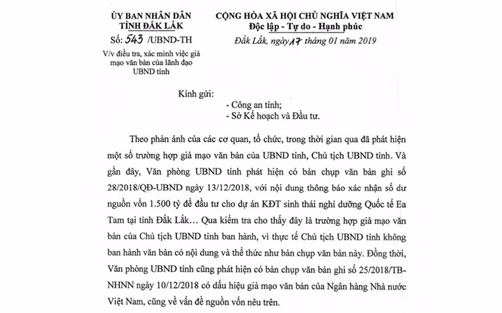 Bản chụp văn bản UBND tỉnh Đác Lắc giao các cơ quan chức năng của tỉnh điều tra, xác minh việc giả mạo văn bản của UBND tỉnh. 