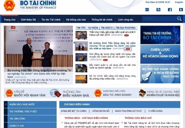 Giao diện trang thông tin điện tử của Bộ Tài chính.