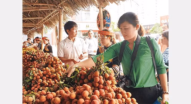 Người dân mua vải thiều tại Tuần lễ Vải thiều Lục Ngạn tổ chức ở siêu thị Big C. Ảnh: THÀNH NAM 