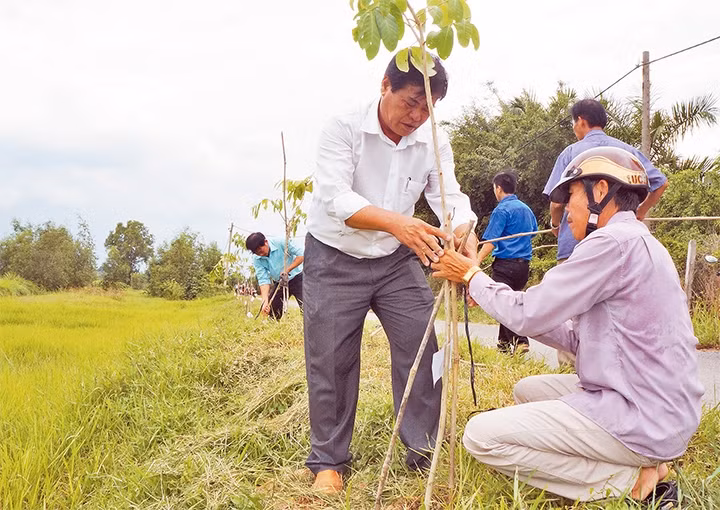 Cán bộ chủ chốt xã Phước Vĩnh An, huyện Củ Chi cùng người dân trồng cây xanh trên đường giao thông nông thôn ở địa phương. Ảnh: THÚY AN