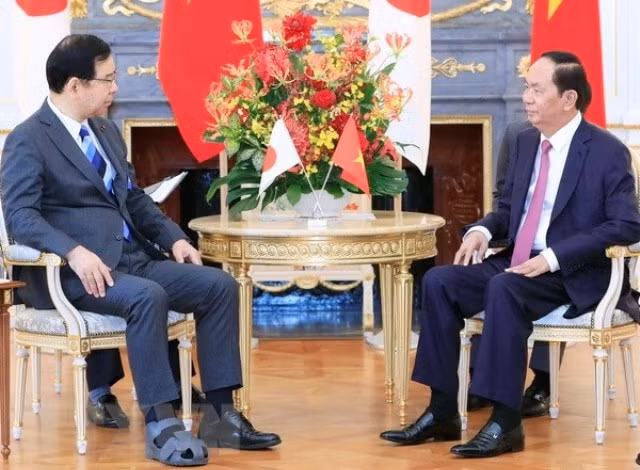Chủ tịch nước Trần Đại Quang tiếp Chủ tịch Đảng Cộng sản Nhật Bản Kazuo Shii. (Ảnh: TTXVN)