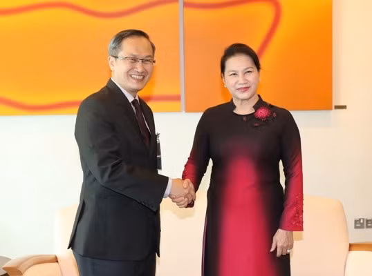 Chủ tịch Quốc hội Việt Nam Nguyễn Thị Kim Ngân (bên phải) và Phó Chủ tịch Quốc hội Singapore Lim Biow Chuan. (Ảnh: TRỌNG ĐỨC /TTXVN)