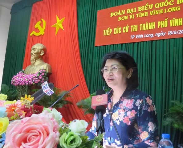 Phó Chủ tịch nước Đặng Thị Ngọc Thịnh phát biểu tại buổi tiếp xúc cử tri thành phố Vĩnh Long, sáng 18-6.