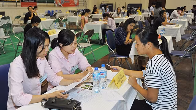 Các bạn trẻ tham gia tuyển dụng tại phiên giao dịch việc làm.