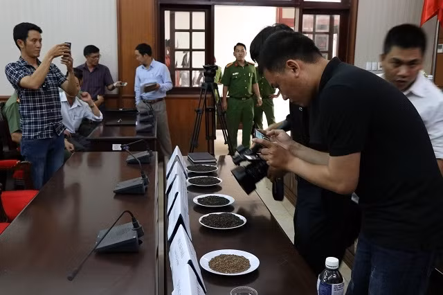 Sản phẩm hồ tiêu bị Phan Thị Dung trộn với hỗn hợp vỏ cà-phê, sỏi đá nhuộm bột pin Con Ó để bán cho người tiêu dùng.