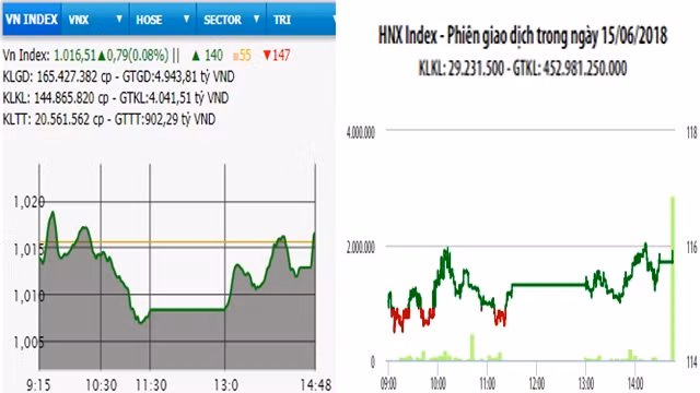 Diễn biến VN-Index và HNX-Index, phiên giao dịch ngày 15-6.