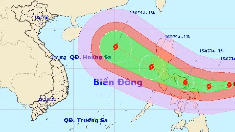Hình ảnh đường đi và vị trí cơn bão vào lúc 14 giờ 30 phút chiều nay, 14-7. (Ảnh: TTDBKTTVT.Ư)