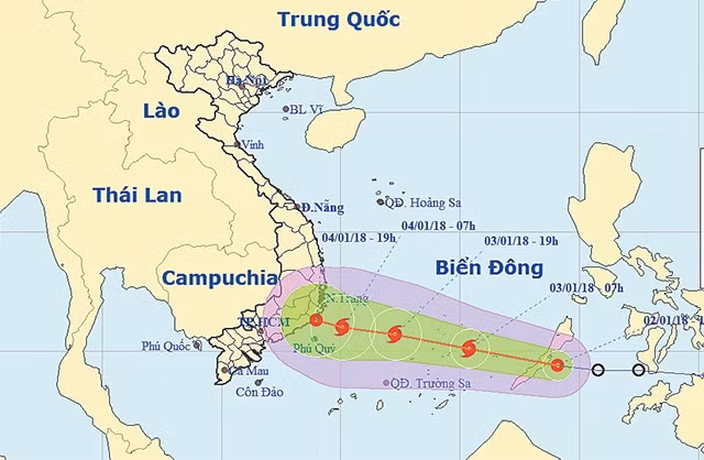 Ðường đi và vị trí áp thấp nhiệt đới (lúc 21 giờ ngày 2-1). Nguồn: Trung tâm dự báo Khí tượng - Thủy văn T.Ư.