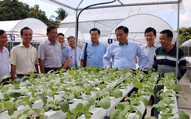 Lãnh đạo tỉnh Ðồng Tháp và các sở, ngành khảo sát quy trình sản xuất của doanh nghiệp trên địa bàn.